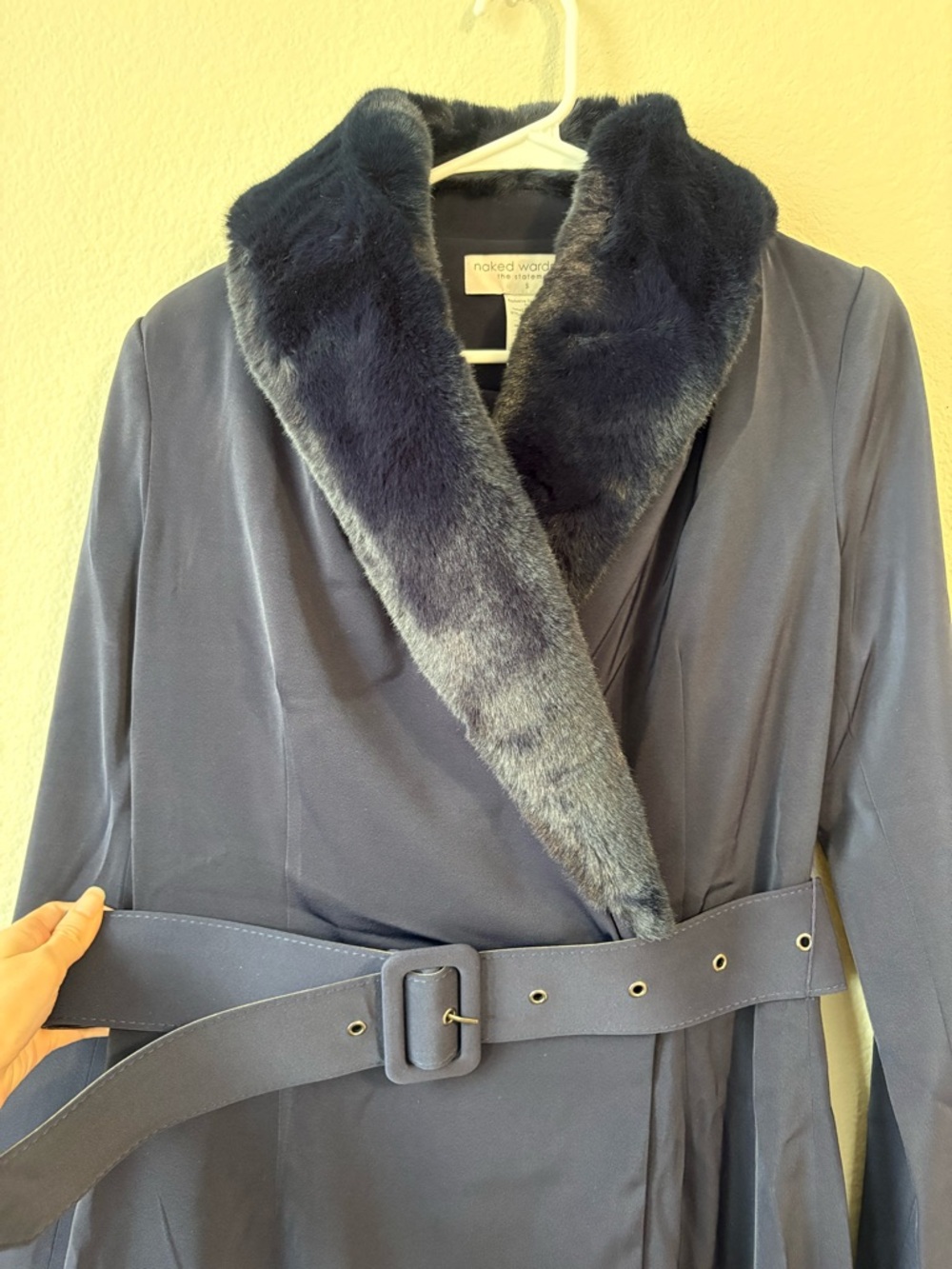 naked wardrobe Navy Faux-Fur Collar Long Coat - Picture 2 of 4